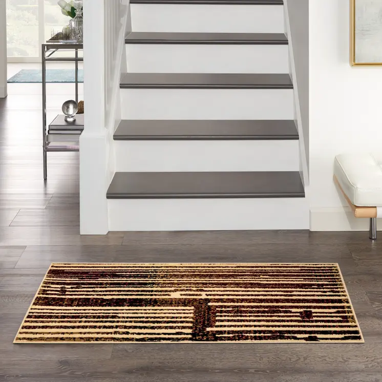 2' X 4' Tan Black and Red Striped Non Skid Area Rug