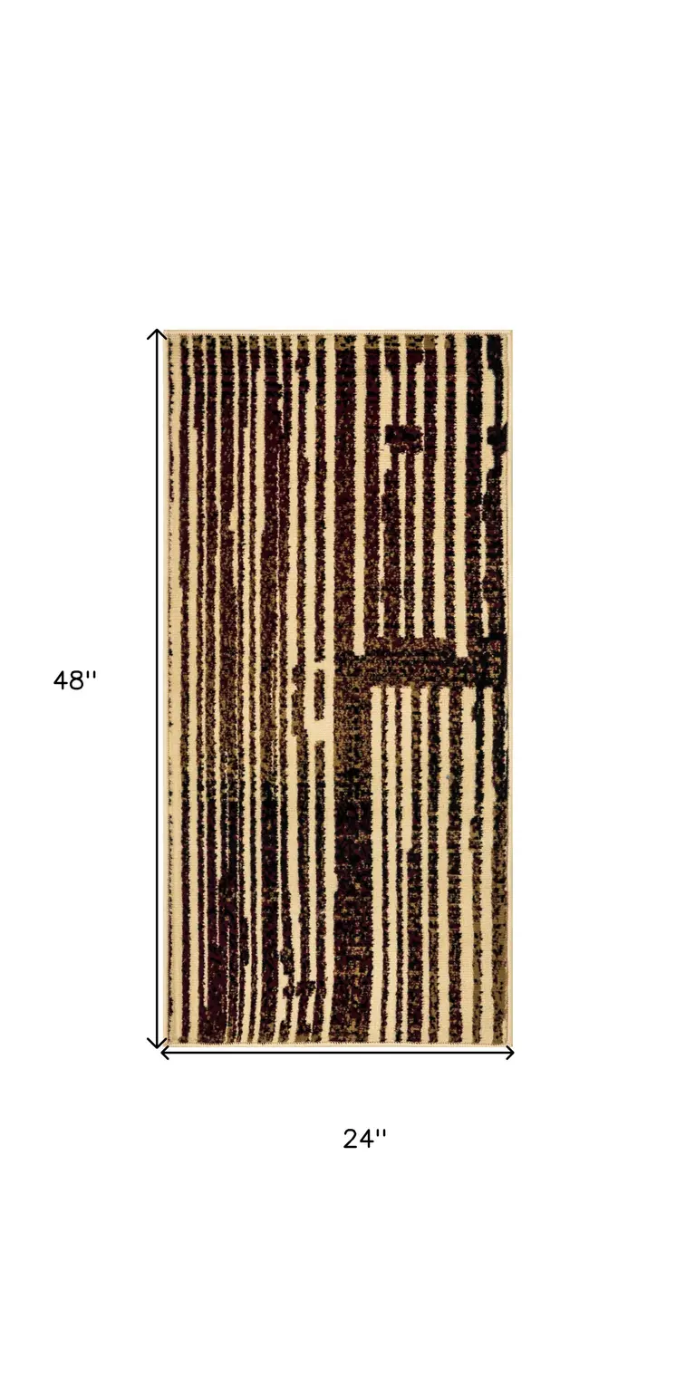 2' X 4' Tan Black and Red Striped Non Skid Area Rug