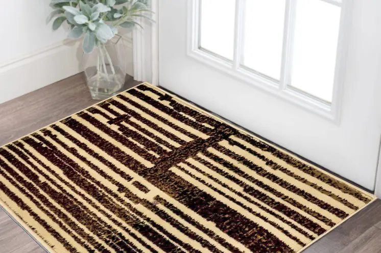 2' X 4' Tan Black and Red Striped Non Skid Area Rug