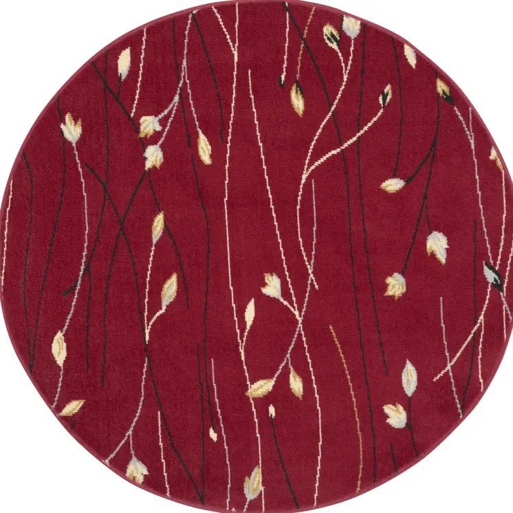 4' Red Black And Ivory Floral Vines Round Rug