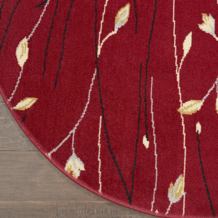 4' Red Black And Ivory Floral Vines Round Rug