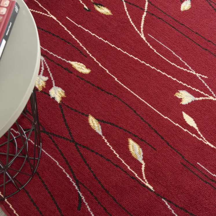 4' Red Black And Ivory Floral Vines Round Rug