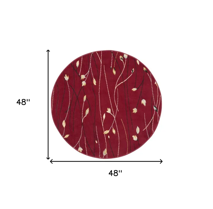 4' Red Black And Ivory Floral Vines Round Rug