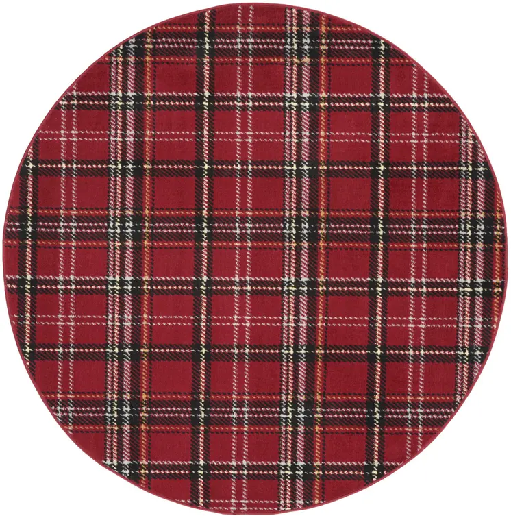 5' Red and Black Round Plaid Power Loom Area Rug