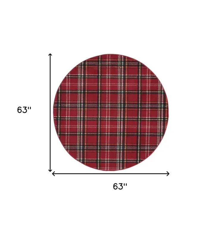 5' Red and Black Round Plaid Power Loom Area Rug