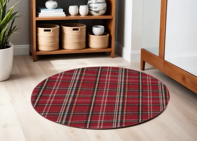 5' Red and Black Round Plaid Power Loom Area Rug