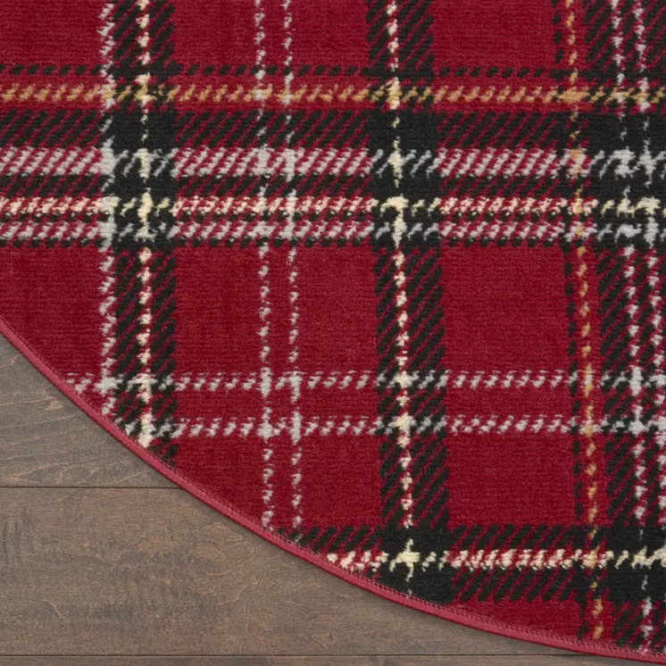5' Red and Black Round Plaid Power Loom Area Rug