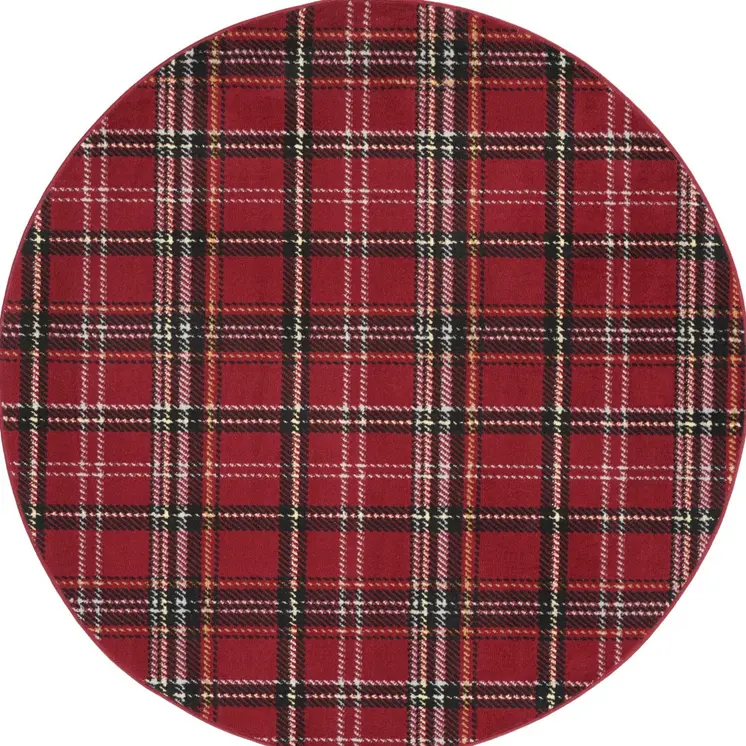 5' Red and Black Round Plaid Power Loom Area Rug