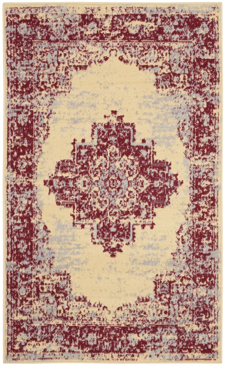 3' X 5' Cream Gray and Red Medallion Distressed Non Skid Area Rug