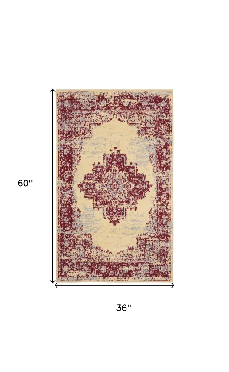 3' X 5' Cream Gray and Red Medallion Distressed Non Skid Area Rug