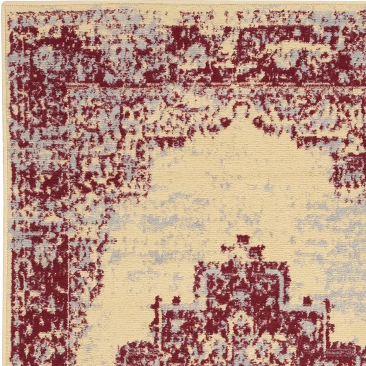 3' X 5' Cream Gray and Red Medallion Distressed Non Skid Area Rug