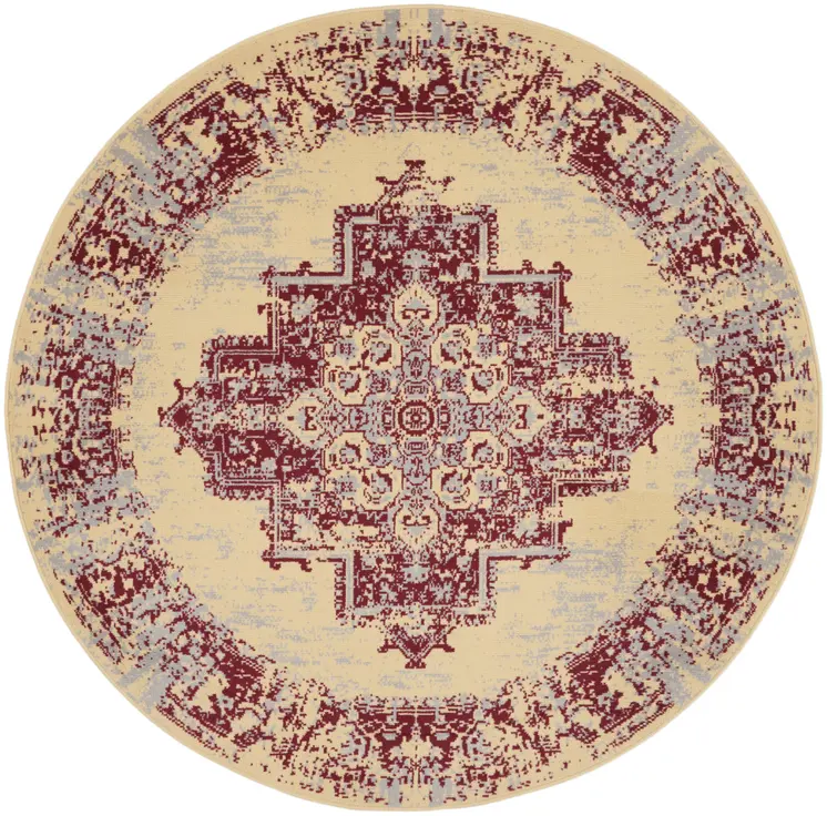 5' Cream Gray and Red Medallion Distressed Non Skid Round Rug