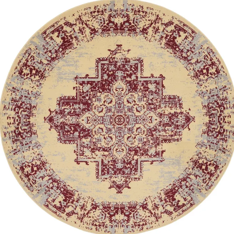 5' Cream Gray and Red Medallion Distressed Non Skid Round Rug