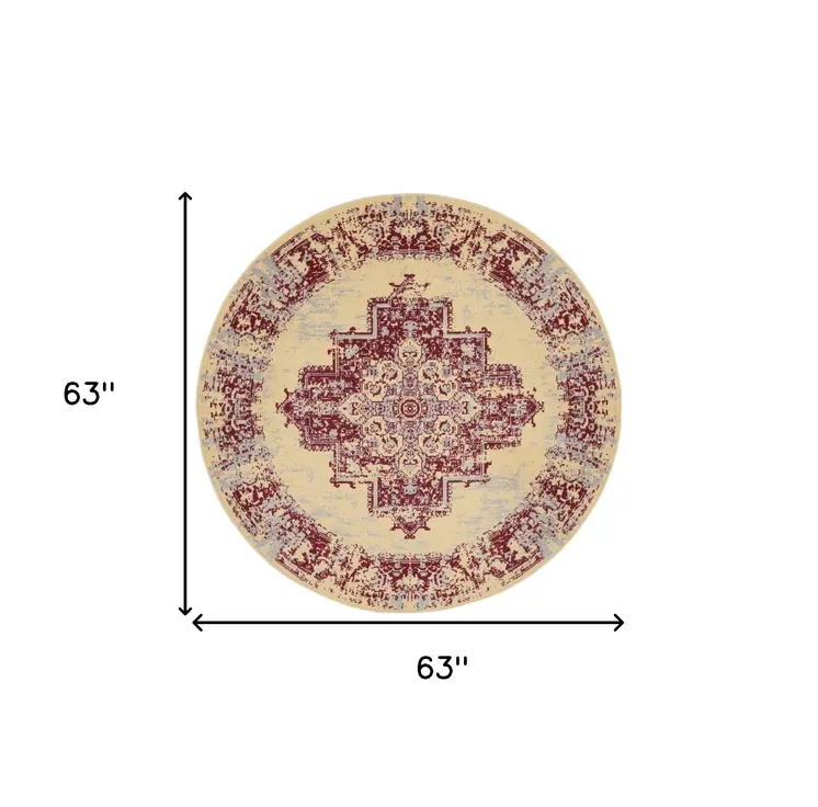 5' Cream Gray and Red Medallion Distressed Non Skid Round Rug
