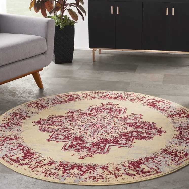 5' Cream Gray and Red Medallion Distressed Non Skid Round Rug