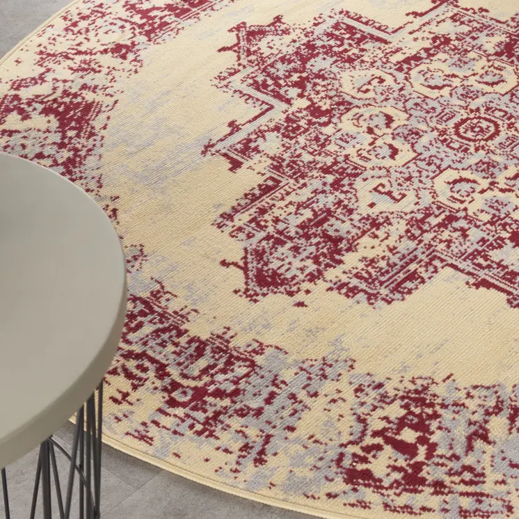 5' Cream Gray and Red Medallion Distressed Non Skid Round Rug