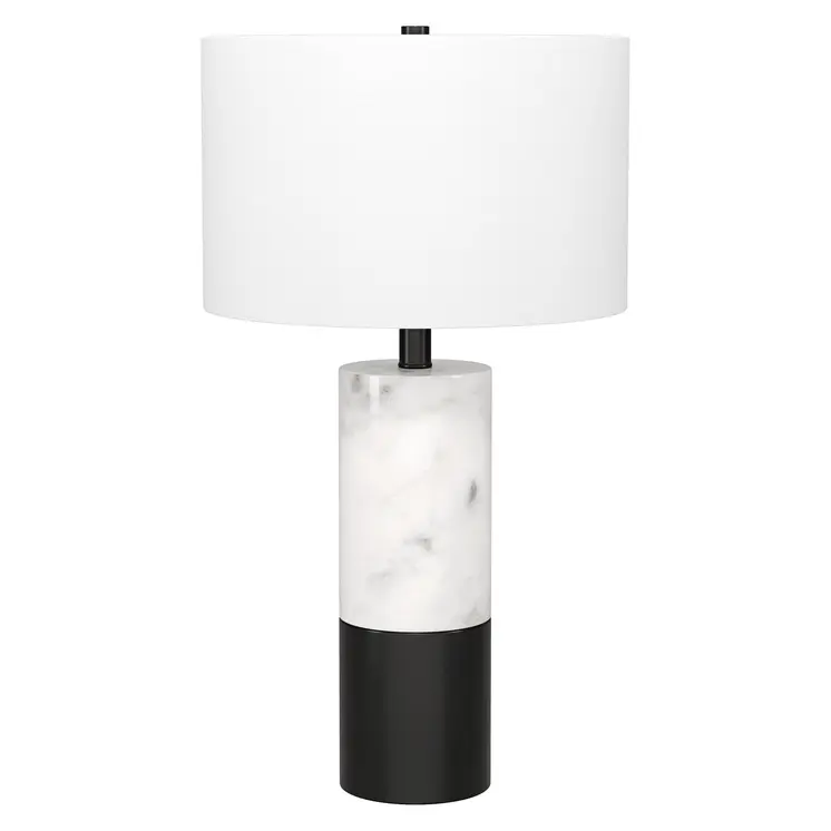 24" Black and White Marble and Metal Cylinder Table Lamp With White Drum Shade