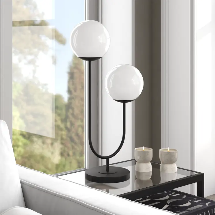 28" Black Metal Two Light Novelty Globe Table Lamp With White Globe Shade