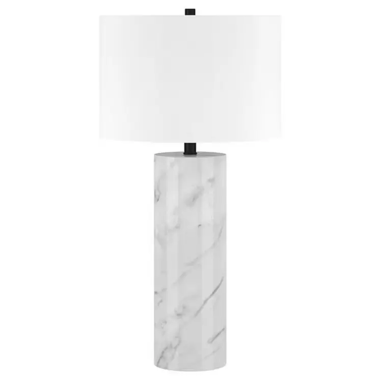 30" White and Gray Marble Table Lamp With White Drum Shade