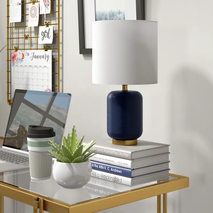 15" Blue and Gold Ceramic Cylinder Table Lamp With White Drum Shade