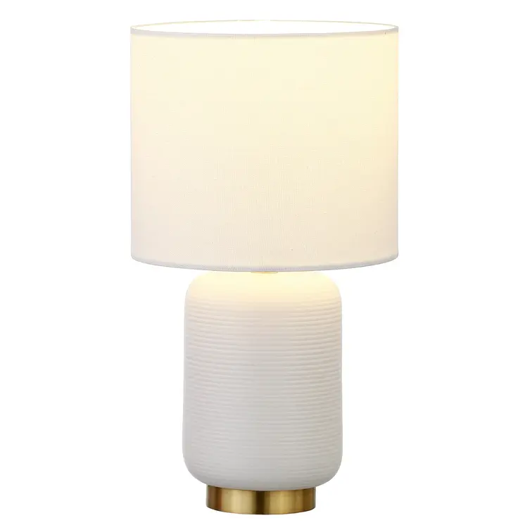 15" Gold and White Ceramic Cylinder Table Lamp With White Drum Shade
