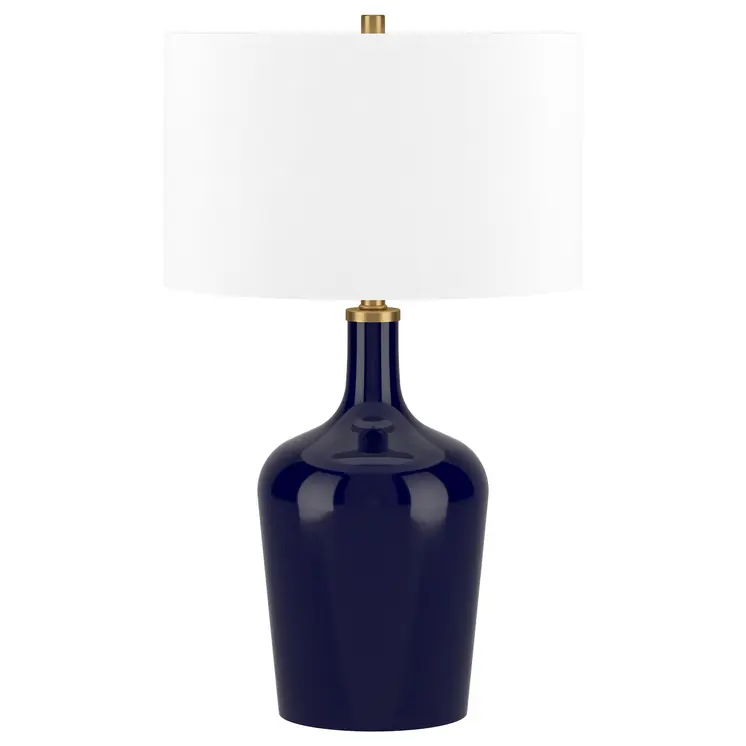 25" Blue Glass Urn Table Lamp With White Drum Shade