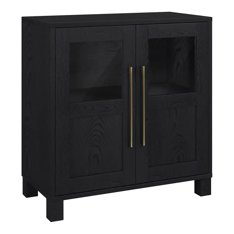32" Black Wood And Glass Accent Cabinet With Two Doors
