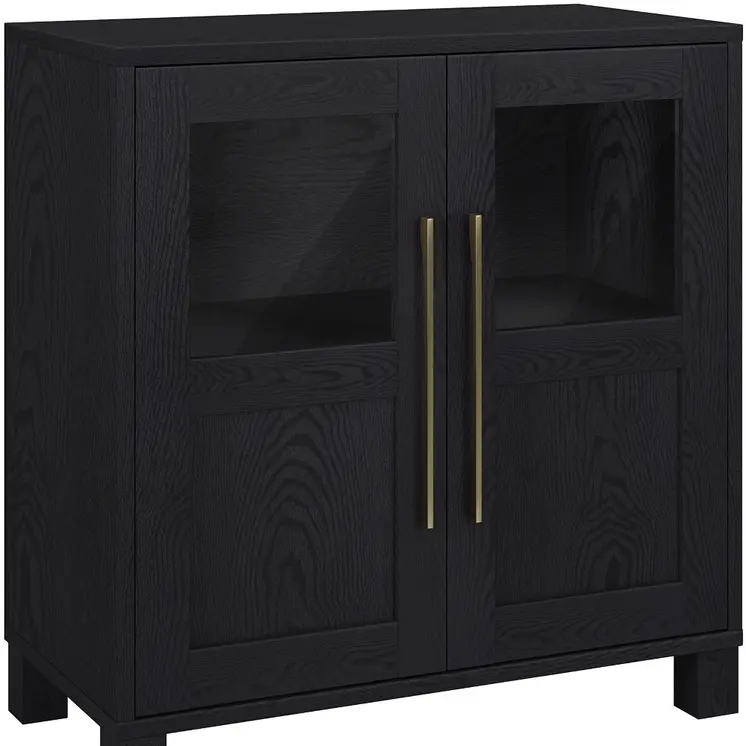 32" Black Wood And Glass Accent Cabinet With Two Doors
