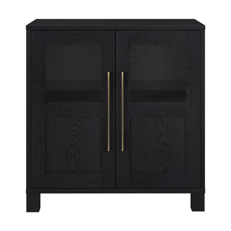 32" Black Wood And Glass Accent Cabinet With Two Doors