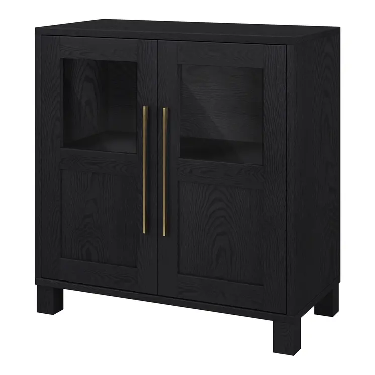 32" Black Wood And Glass Accent Cabinet With Two Doors