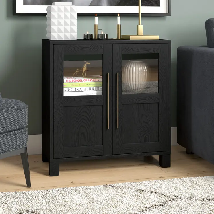 32" Black Wood And Glass Accent Cabinet With Two Doors