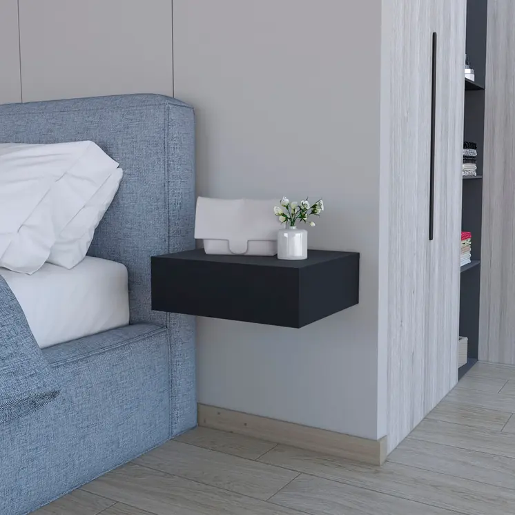 5" Black Wood One Drawer Floating Nightstand