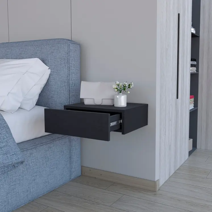 5" Black Wood One Drawer Floating Nightstand