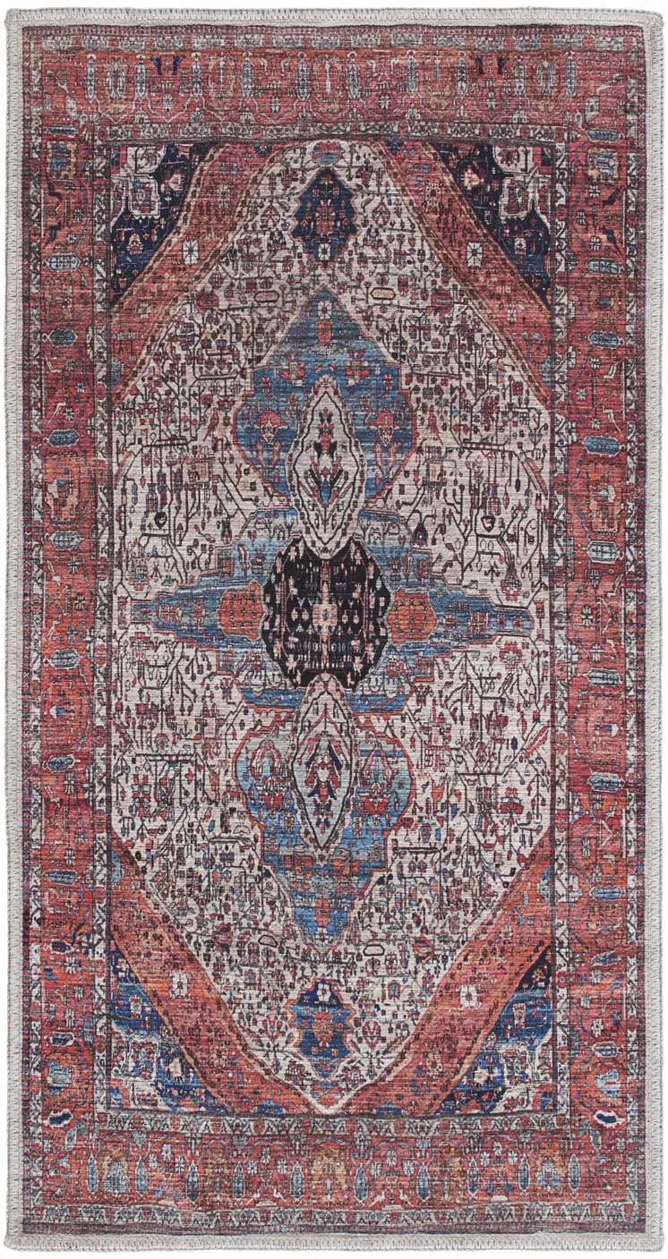2' X 4' Red and Ivory Medallion Power Loom Distressed Washable Non Skid Area Rug