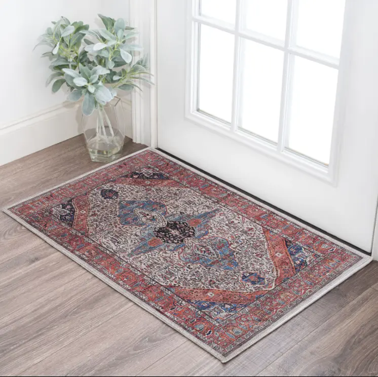 2' X 4' Red and Ivory Medallion Power Loom Distressed Washable Non Skid Area Rug