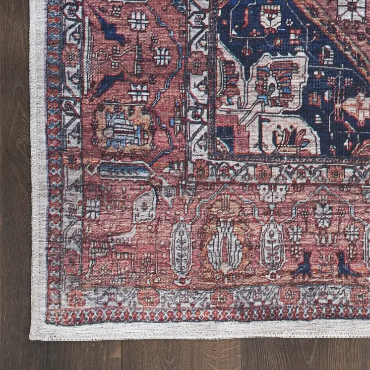 2' X 4' Red and Ivory Medallion Power Loom Distressed Washable Non Skid Area Rug