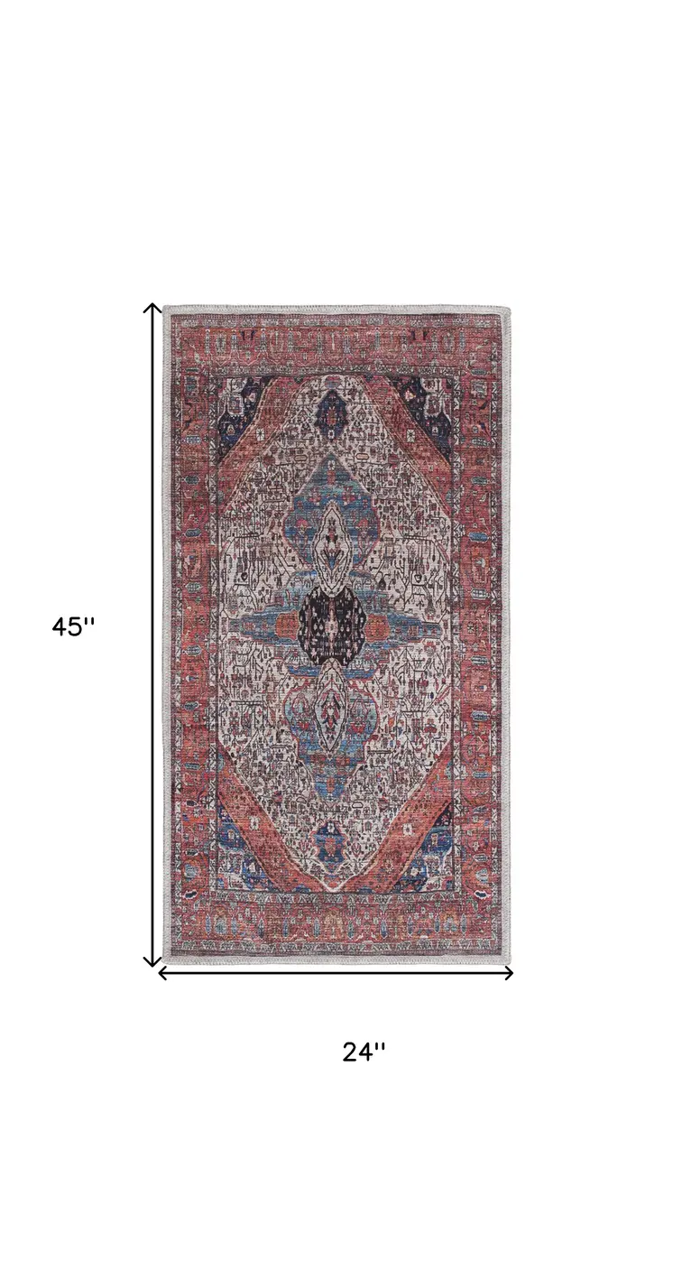 2' X 4' Red and Ivory Medallion Power Loom Distressed Washable Non Skid Area Rug