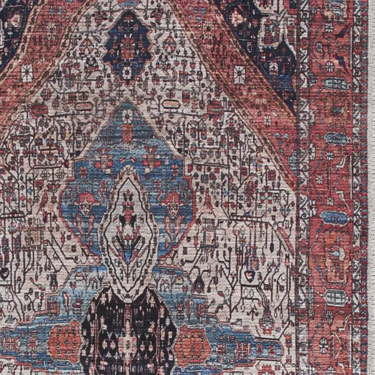 2' X 4' Red and Ivory Medallion Power Loom Distressed Washable Non Skid Area Rug
