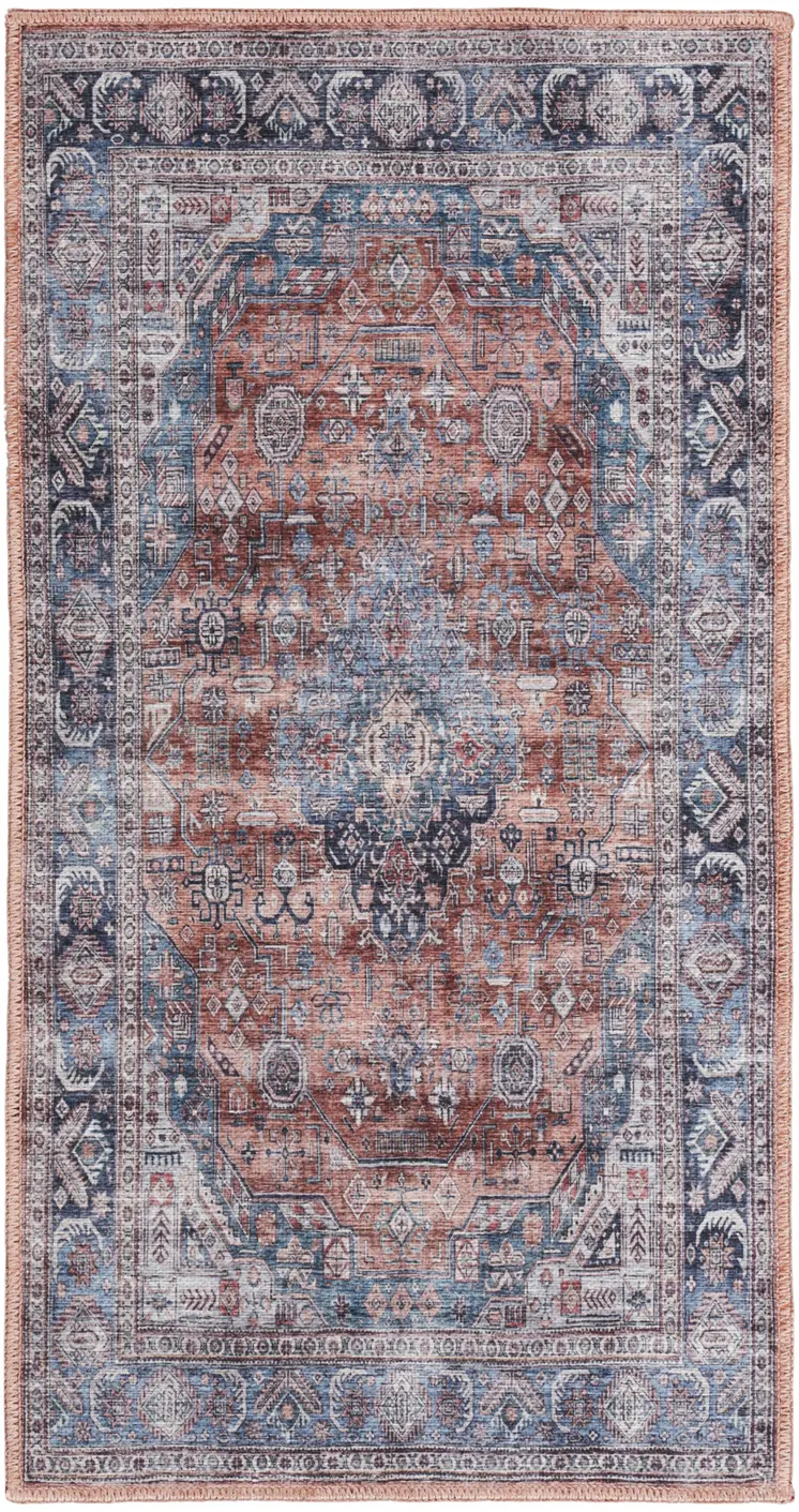 2' X 4' Blue and Red Medallion Power Loom Distressed Washable Non Skid Area Rug