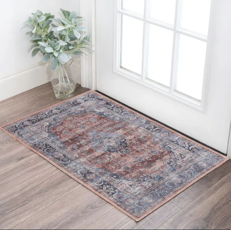 2' X 4' Blue and Red Medallion Power Loom Distressed Washable Non Skid Area Rug