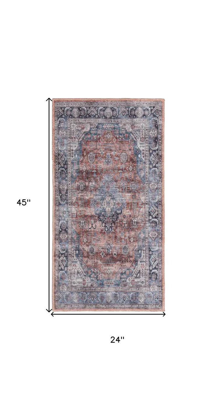 2' X 4' Blue and Red Medallion Power Loom Distressed Washable Non Skid Area Rug