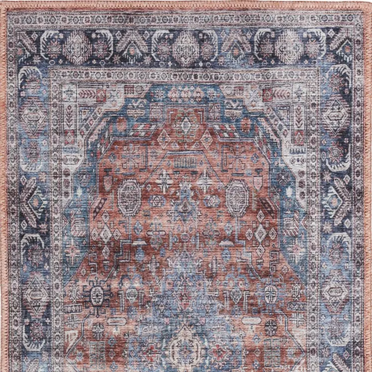 2' X 4' Blue and Red Medallion Power Loom Distressed Washable Non Skid Area Rug