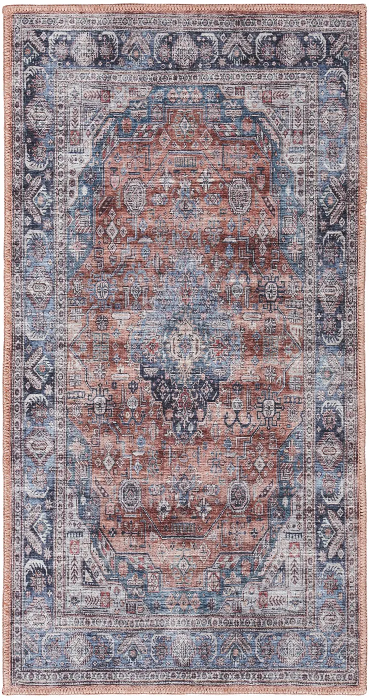 2' X 4' Blue and Red Medallion Power Loom Distressed Washable Non Skid Area Rug