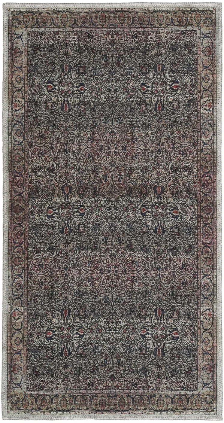 2' X 4' Blue and Yellow Oriental Power Loom Distressed Washable Non Skid Area Rug