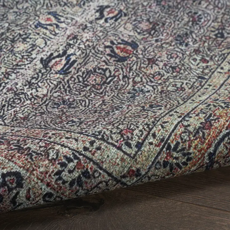 2' X 4' Blue and Yellow Oriental Power Loom Distressed Washable Non Skid Area Rug