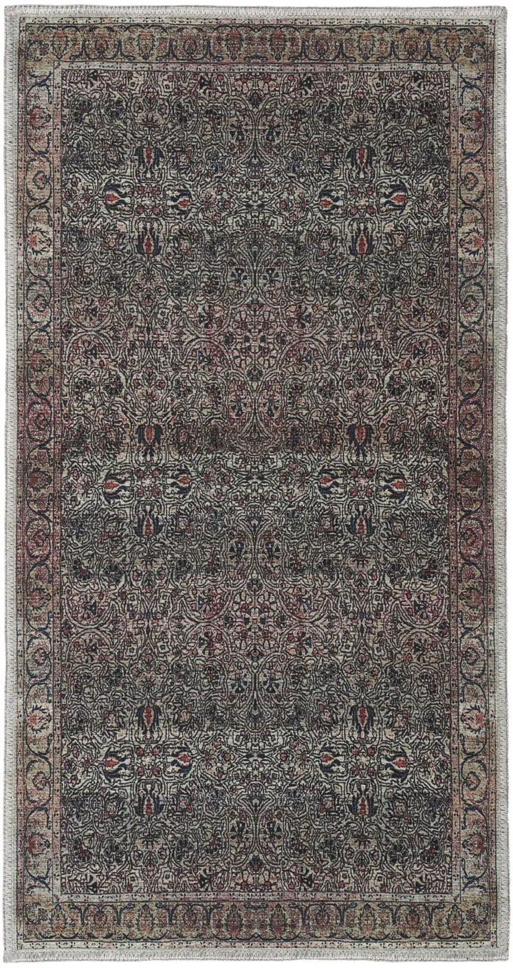 2' X 4' Blue and Yellow Oriental Power Loom Distressed Washable Non Skid Area Rug