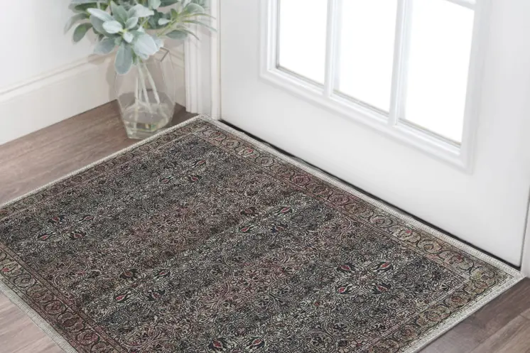 2' X 4' Blue and Yellow Oriental Power Loom Distressed Washable Non Skid Area Rug