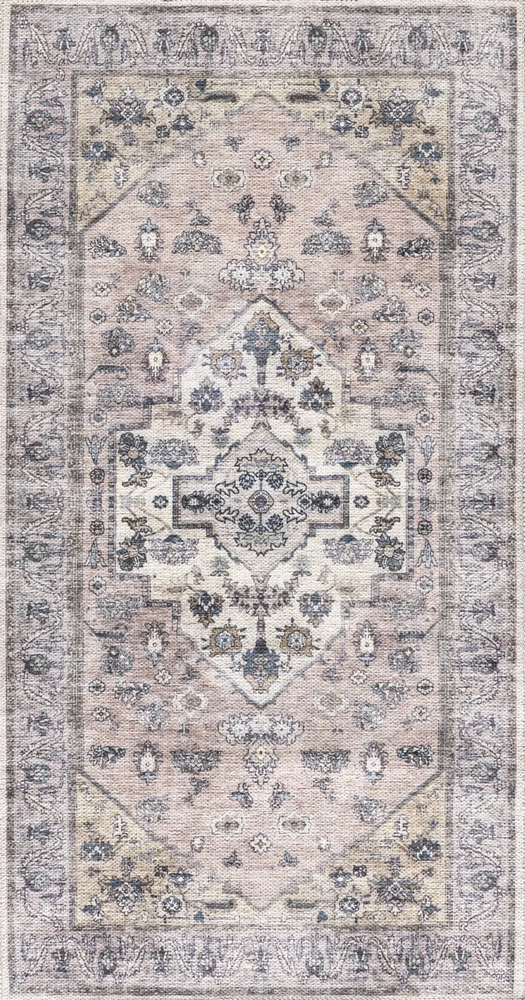 2' X 4' Pink and Ivory Medallion Power Loom Distressed Washable Non Skid Area Rug
