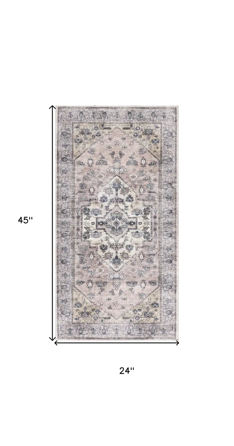 2' X 4' Pink and Ivory Medallion Power Loom Distressed Washable Non Skid Area Rug