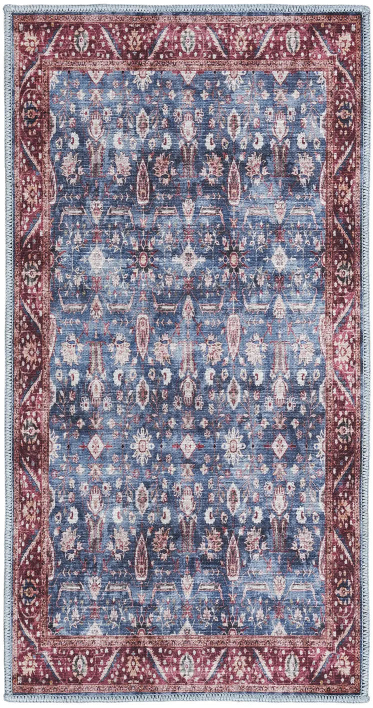 2' X 4' Blue and Red Floral Power Loom Distressed Washable Non Skid Area Rug